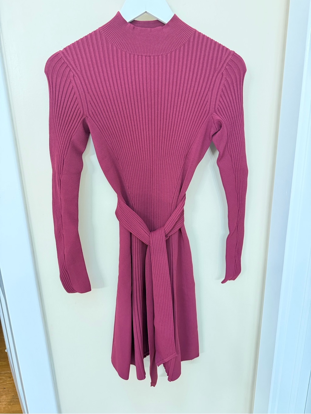 Shoshanna Ribbed Long-Sleeve Tie-Waist Dress In Burgundy Nwt — image 2 of 3